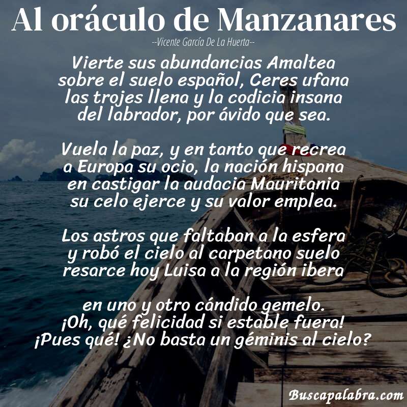 Poema Al oráculo de Manzanares de Vicente García de la Huerta con fondo de barca