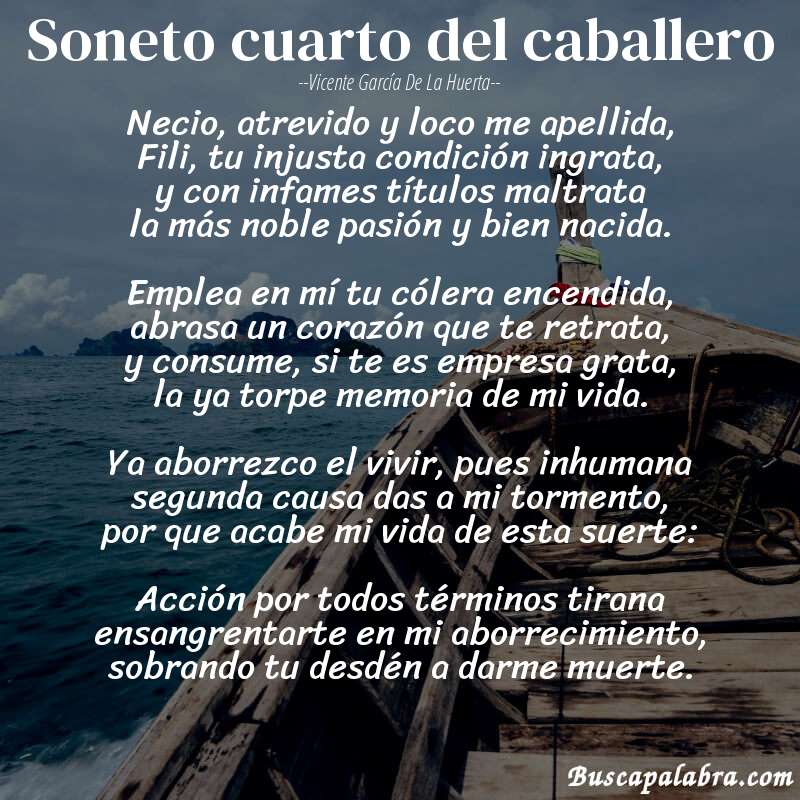 Poema Soneto cuarto del caballero de Vicente García de la Huerta con fondo de barca