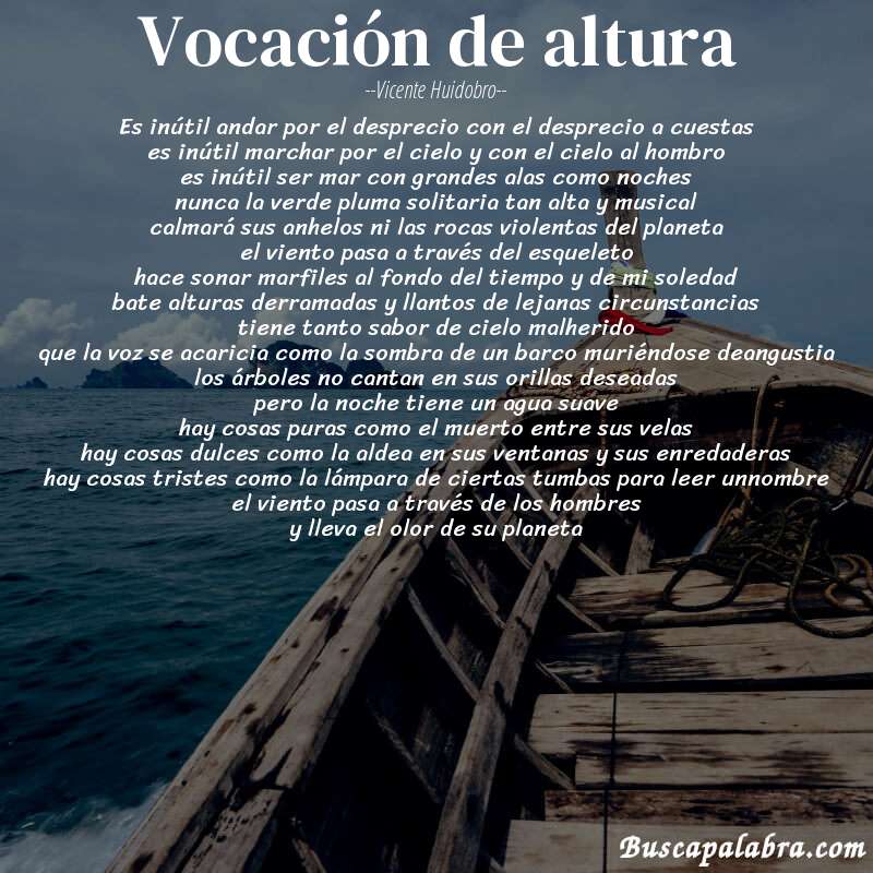 Poema vocación de altura de Vicente Huidobro con fondo de barca
