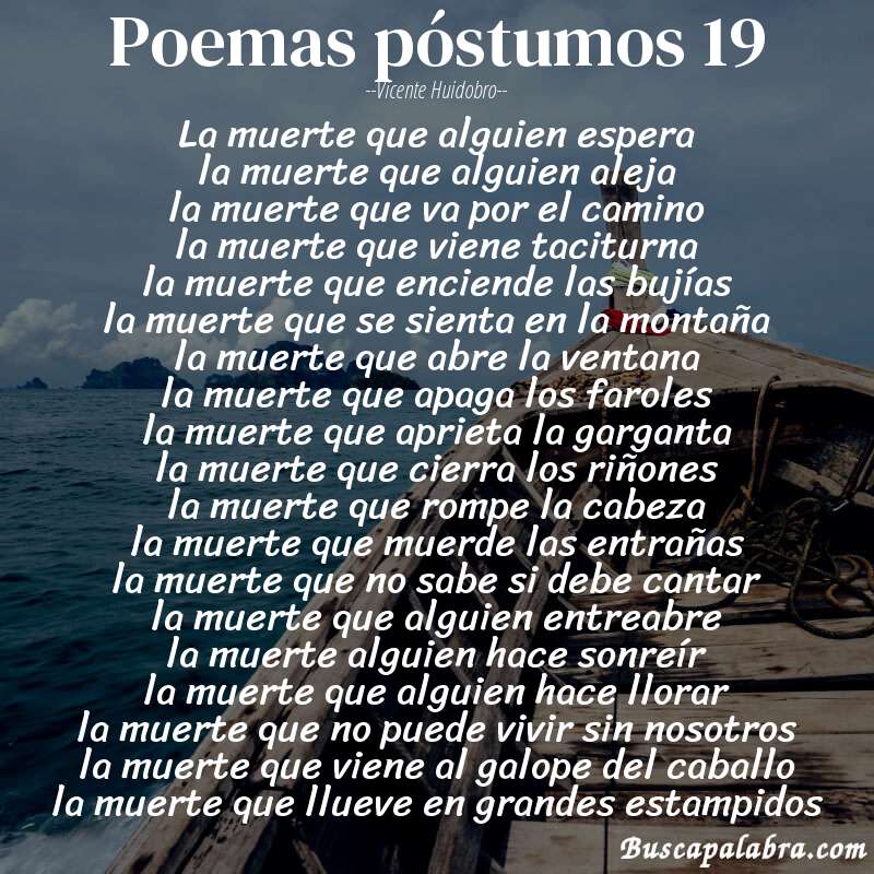Poema poemas póstumos 19 de Vicente Huidobro con fondo de barca