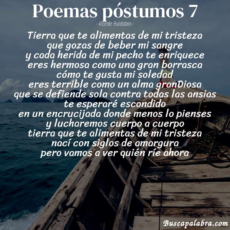 Poema poemas póstumos 7 de Vicente Huidobro con fondo de barca