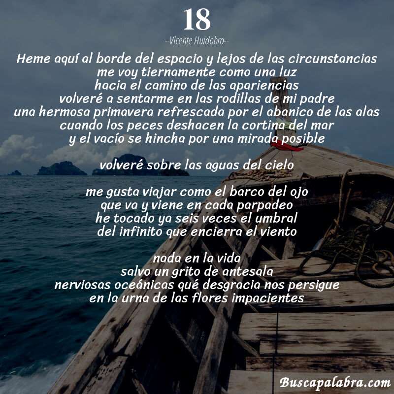 Poema 18 de Vicente Huidobro con fondo de barca