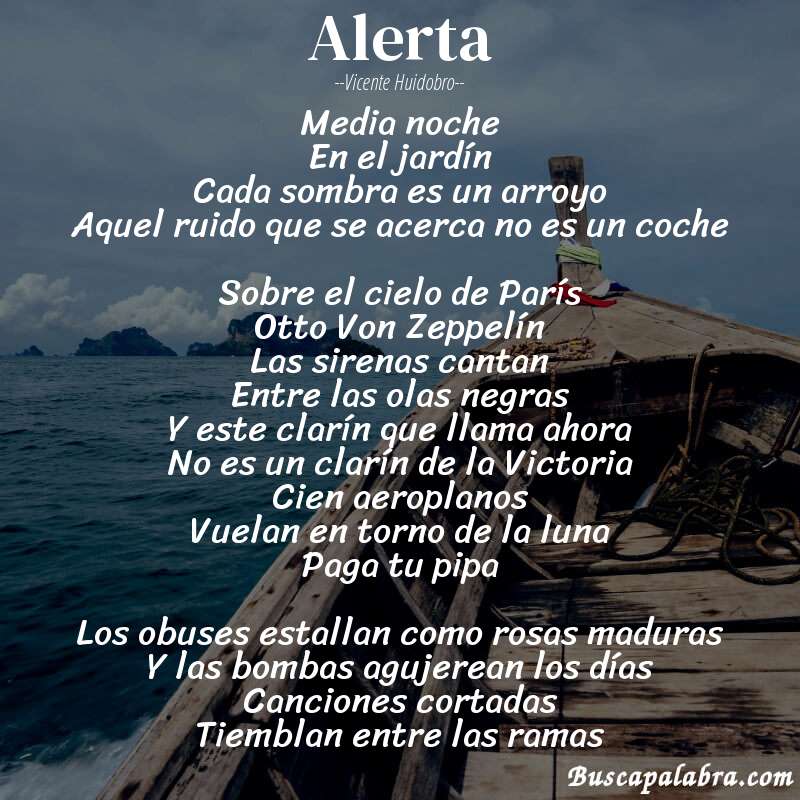 Poema Alerta de Vicente Huidobro con fondo de barca