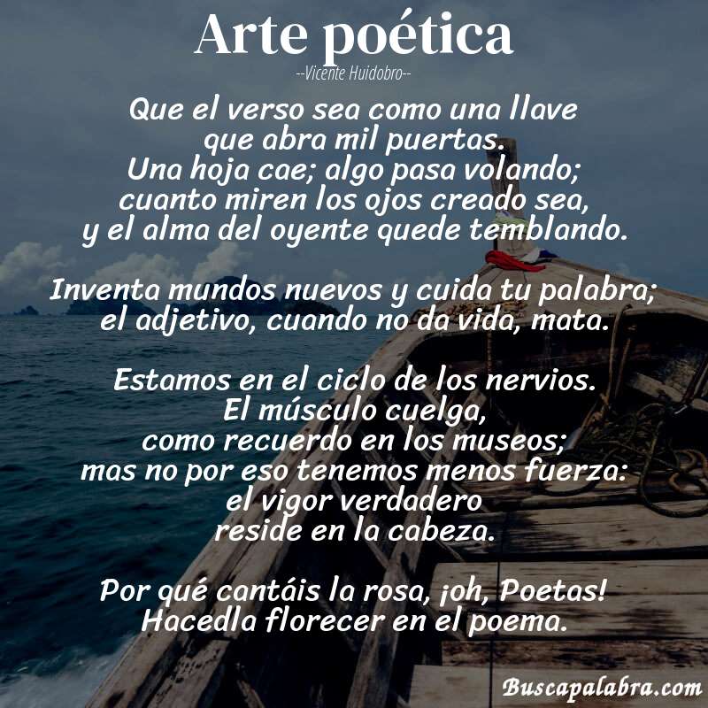 Poema Arte poética de Vicente Huidobro con fondo de barca