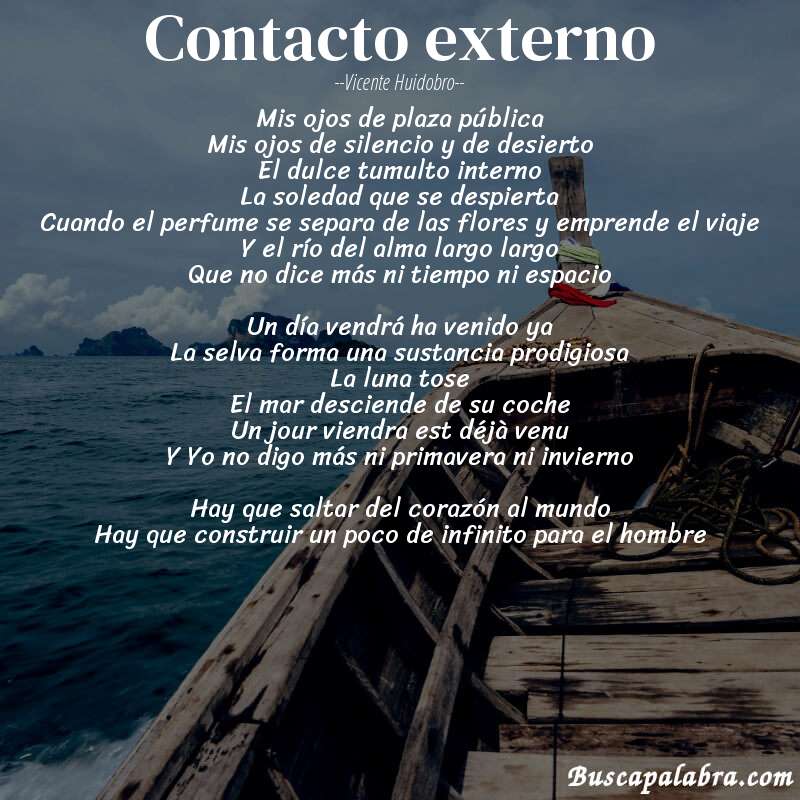 Poema Contacto externo de Vicente Huidobro con fondo de barca