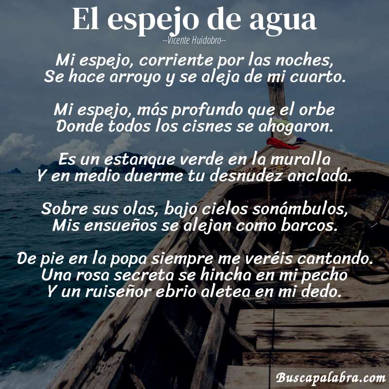Poema El espejo de agua de Vicente Huidobro con fondo de barca
