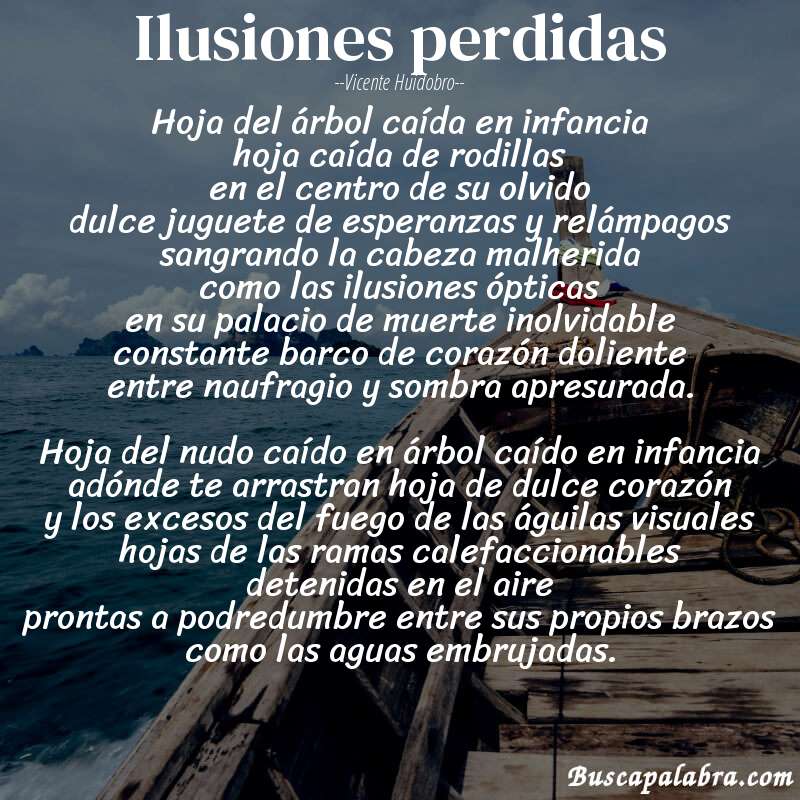 Poema Ilusiones perdidas de Vicente Huidobro con fondo de barca