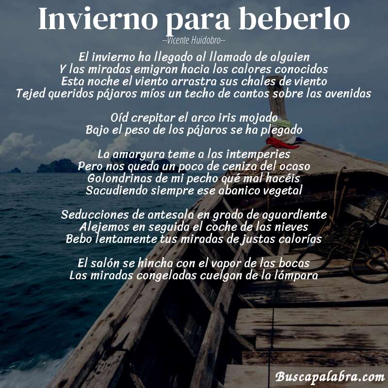 Poema Invierno para beberlo de Vicente Huidobro con fondo de barca