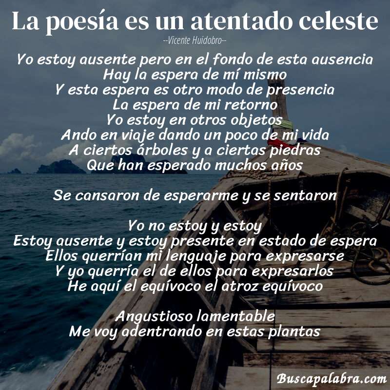 Poema La poesía es un atentado celeste de Vicente Huidobro con fondo de barca