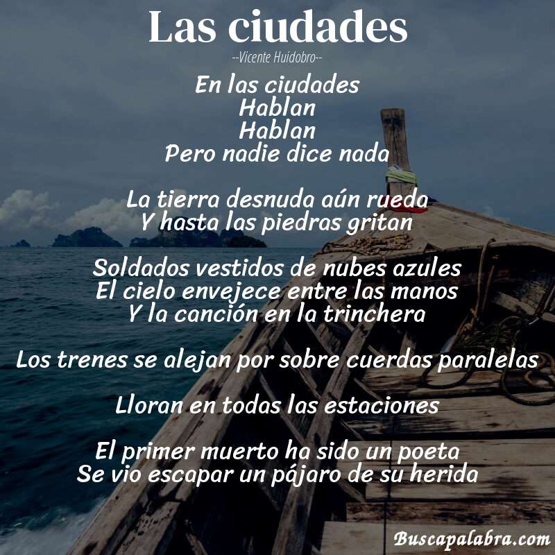 Poema Las ciudades de Vicente Huidobro con fondo de barca