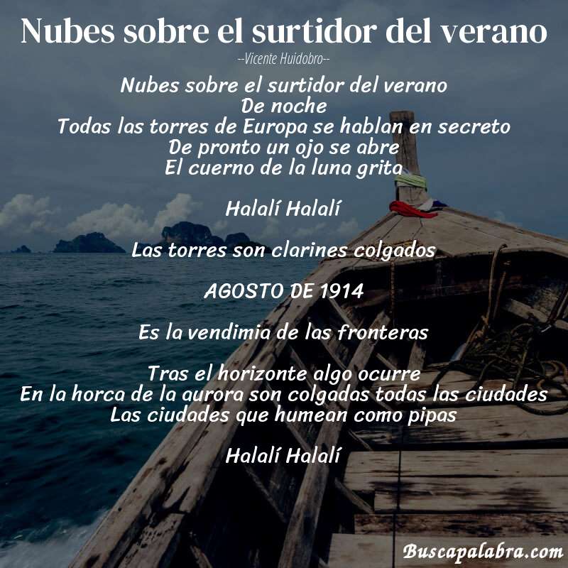 Poema Nubes sobre el surtidor del verano de Vicente Huidobro con fondo de barca