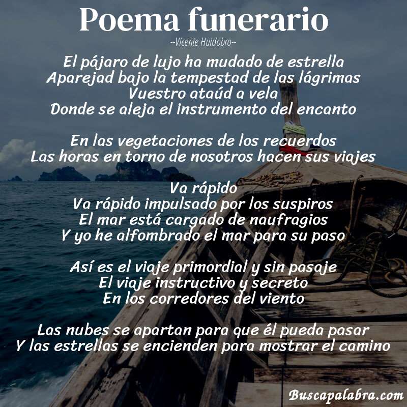 Poema Poema funerario de Vicente Huidobro con fondo de barca