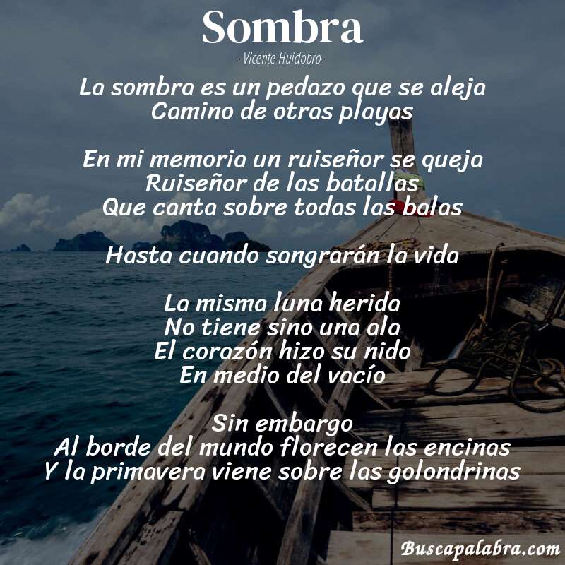 Poema Sombra de Vicente Huidobro con fondo de barca