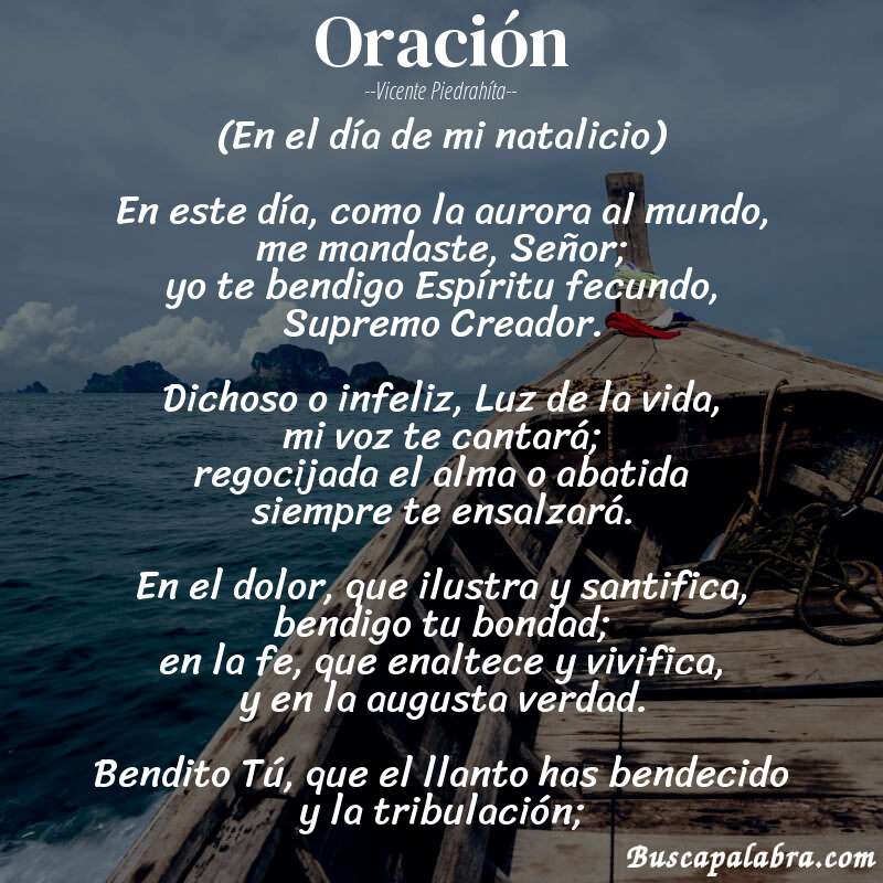 Poema Oración de Vicente Piedrahíta con fondo de barca