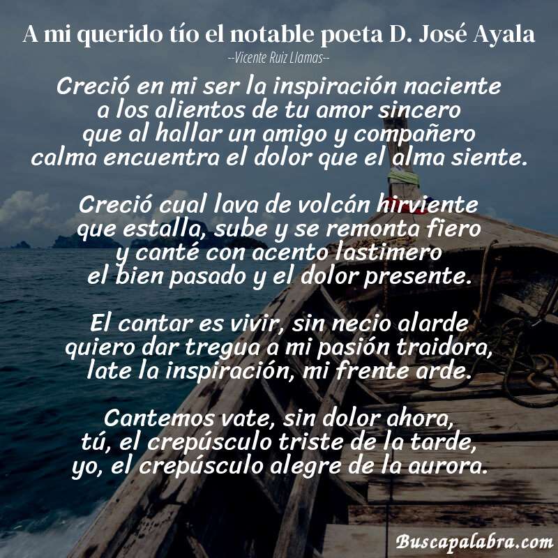 Poema A mi querido tío el notable poeta D. José Ayala de Vicente Ruiz Llamas con fondo de barca