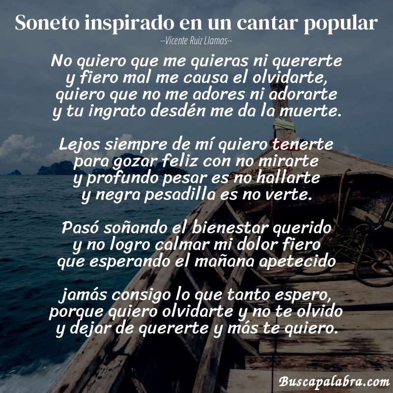 Poema Soneto inspirado en un cantar popular de Vicente Ruiz Llamas con fondo de barca