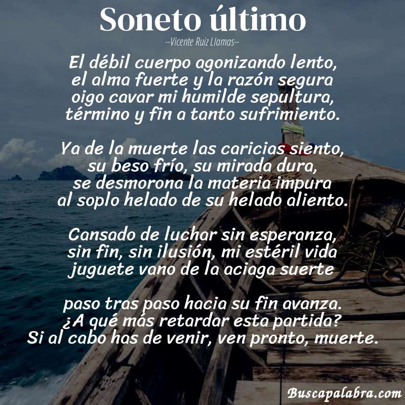 Poema Soneto último de Vicente Ruiz Llamas con fondo de barca