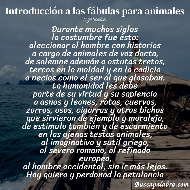 Poema introducción a las fábulas para animales de Angel González con fondo de barca