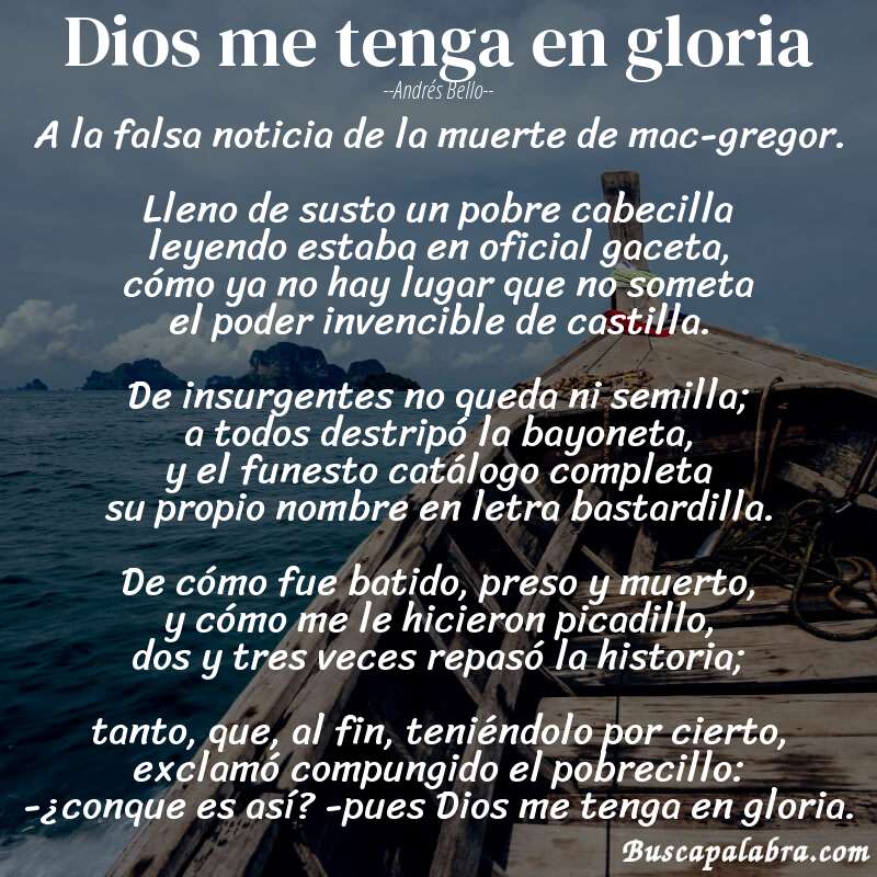 Poema dios me tenga en gloria de Andrés Bello con fondo de barca