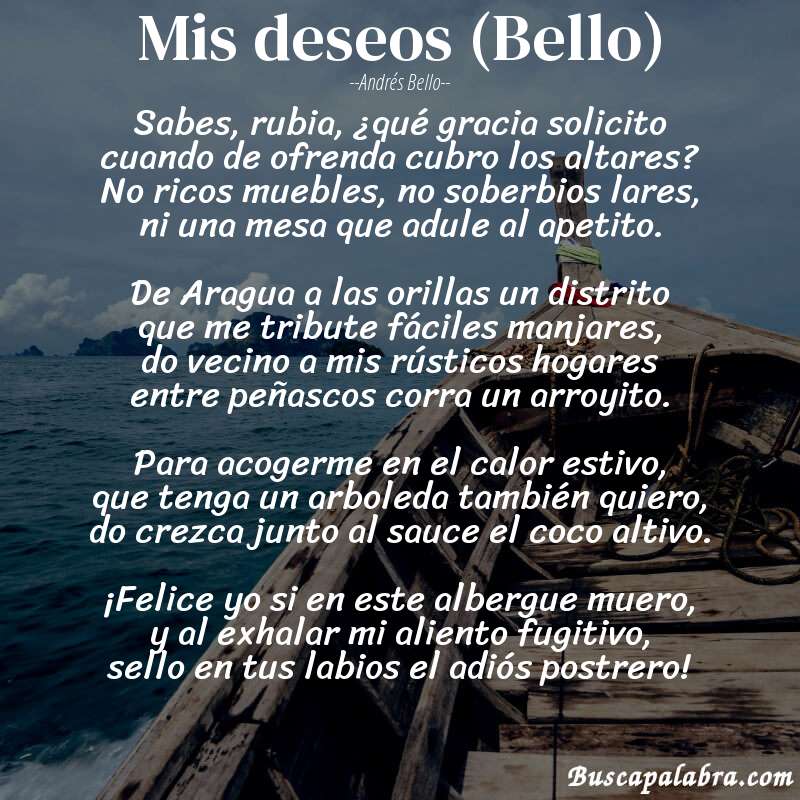 Poema Mis deseos (Bello) de Andrés Bello con fondo de barca