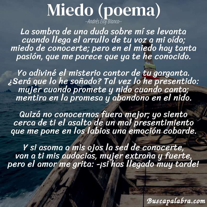 Poema Miedo (poema) de Andrés Eloy Blanco con fondo de barca