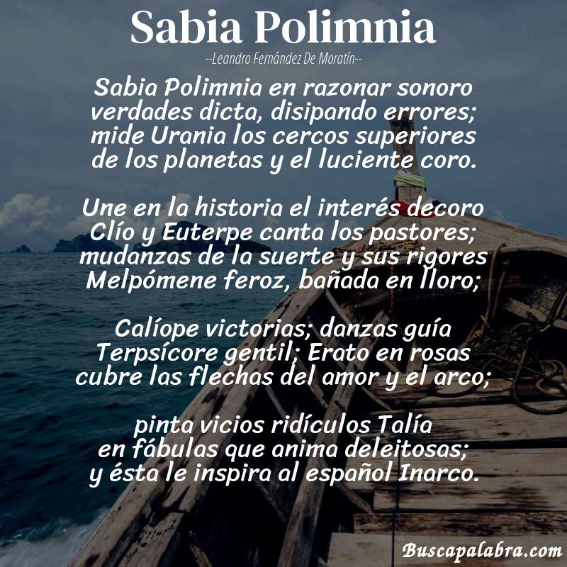 Poema Sabia Polimnia de Leandro Fernández de Moratín con fondo de barca