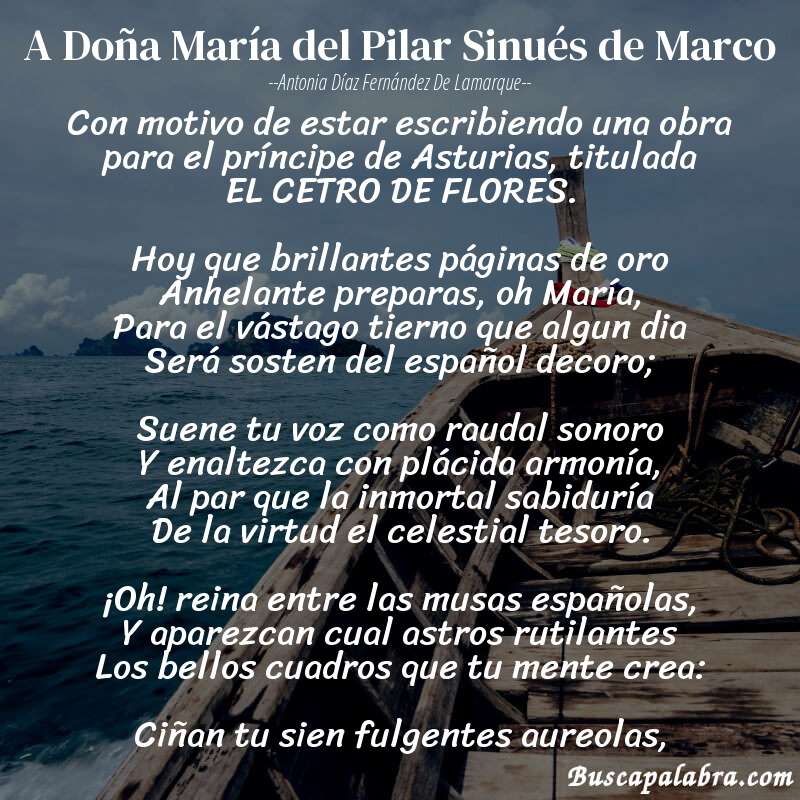 Poema A Doña María del Pilar Sinués de Marco de Antonia Díaz Fernández de Lamarque con fondo de barca