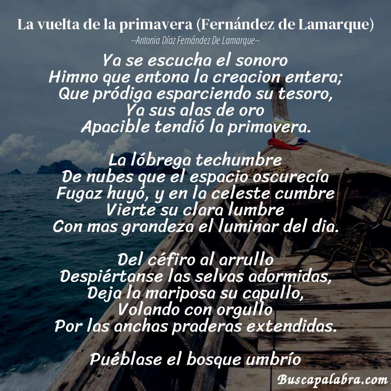 Poema La vuelta de la primavera (Fernández de Lamarque) de Antonia Díaz Fernández de Lamarque con fondo de barca