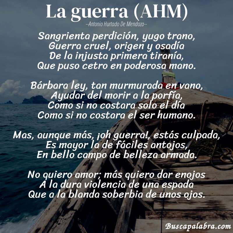 Poema La guerra (AHM) de Antonio Hurtado de Mendoza con fondo de barca