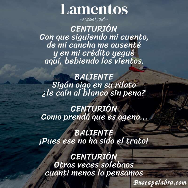 Poema Lamentos de Antonio Lussich con fondo de barca