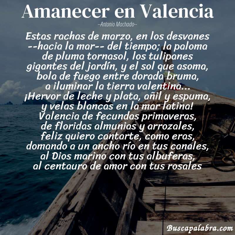 Poema Amanecer en Valencia de Antonio Machado con fondo de barca