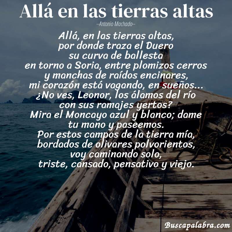 Poema Allá en las tierras altas de Antonio Machado con fondo de barca