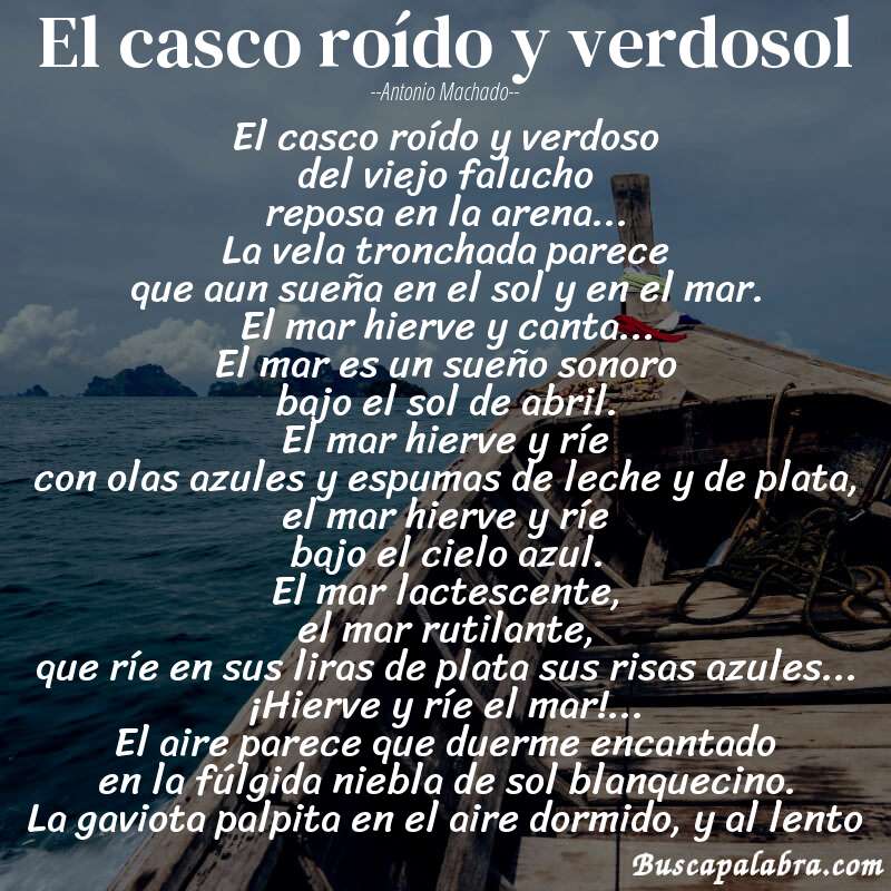 Poema El casco roído y verdosol de Antonio Machado con fondo de barca