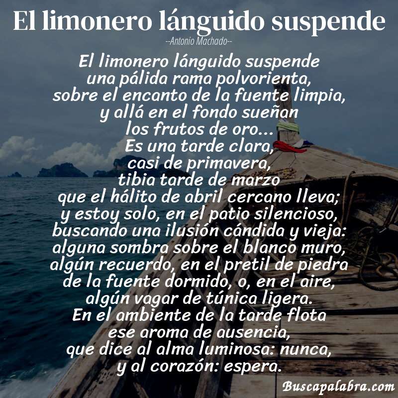 Poema El limonero lánguido suspende de Antonio Machado con fondo de barca