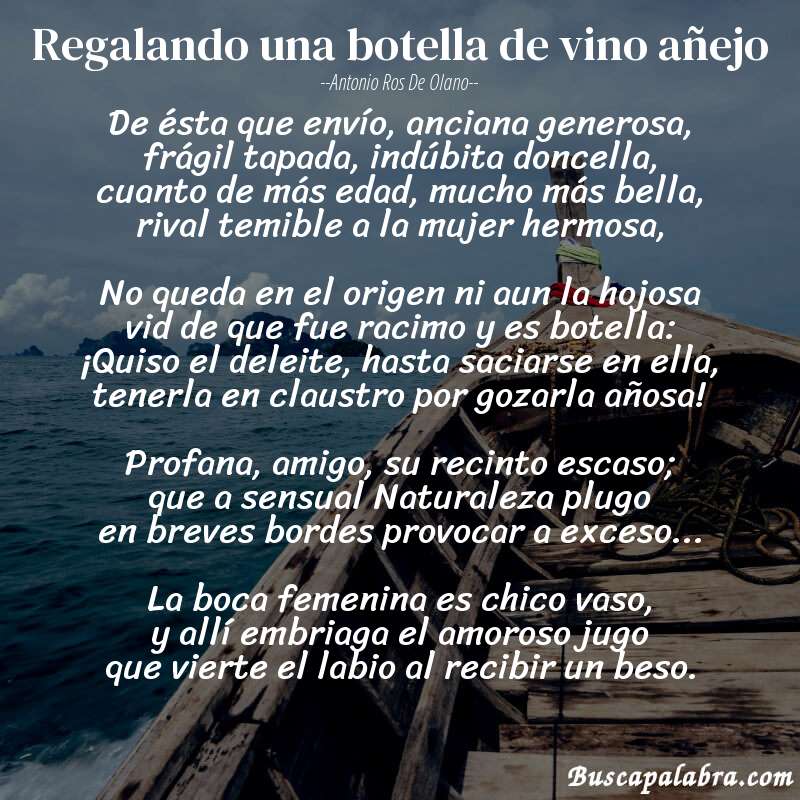 Poema Regalando una botella de vino añejo de Antonio Ros de Olano con fondo de barca