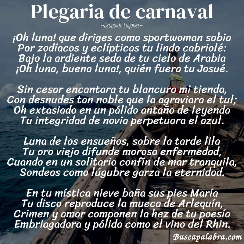 Poema Plegaria de carnaval de Leopoldo Lugones con fondo de barca