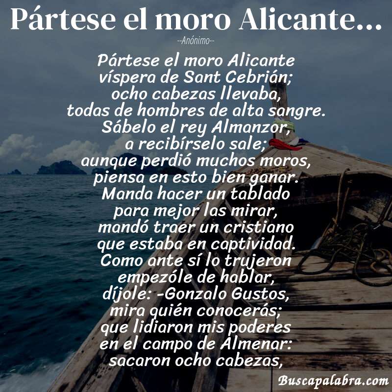 Poema Pártese el moro Alicante... de Anónimo con fondo de barca