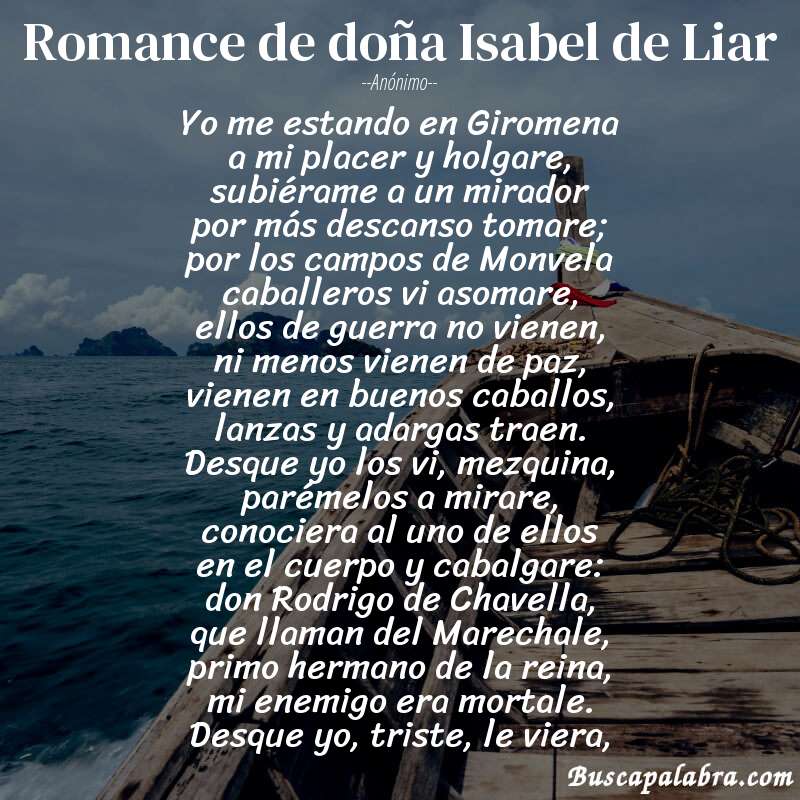 Poema Romance de doña Isabel de Liar de Anónimo con fondo de barca