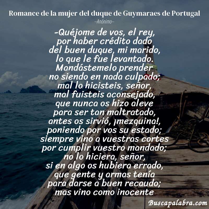 Poema Romance de la mujer del duque de Guymaraes de Portugal de Anónimo con fondo de barca