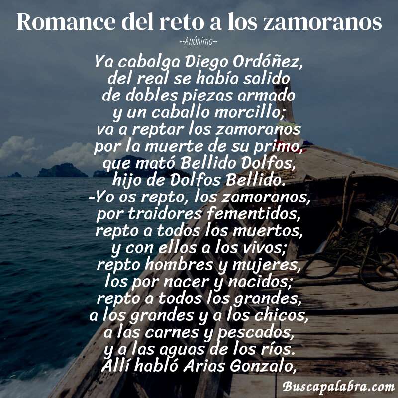Poema Romance del reto a los zamoranos de Anónimo con fondo de barca