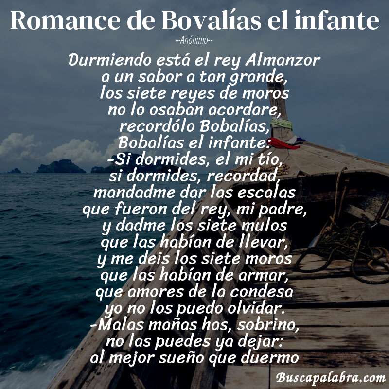 Poema Romance de Bovalías el infante de Anónimo con fondo de barca