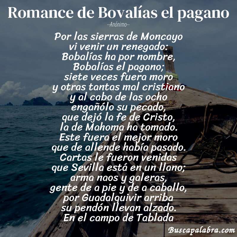 Poema Romance de Bovalías el pagano de Anónimo con fondo de barca