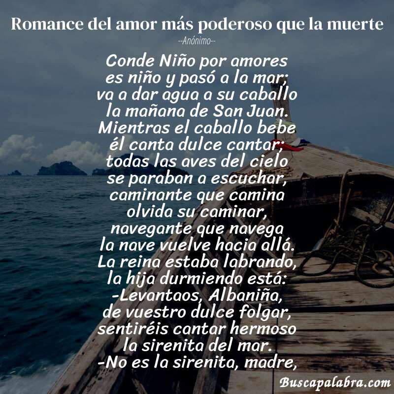 Poema Romance del amor más poderoso que la muerte de Anónimo con fondo de barca