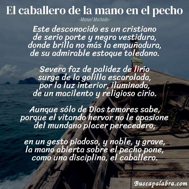 Poema El caballero de la mano en el pecho de Manuel Machado con fondo de barca
