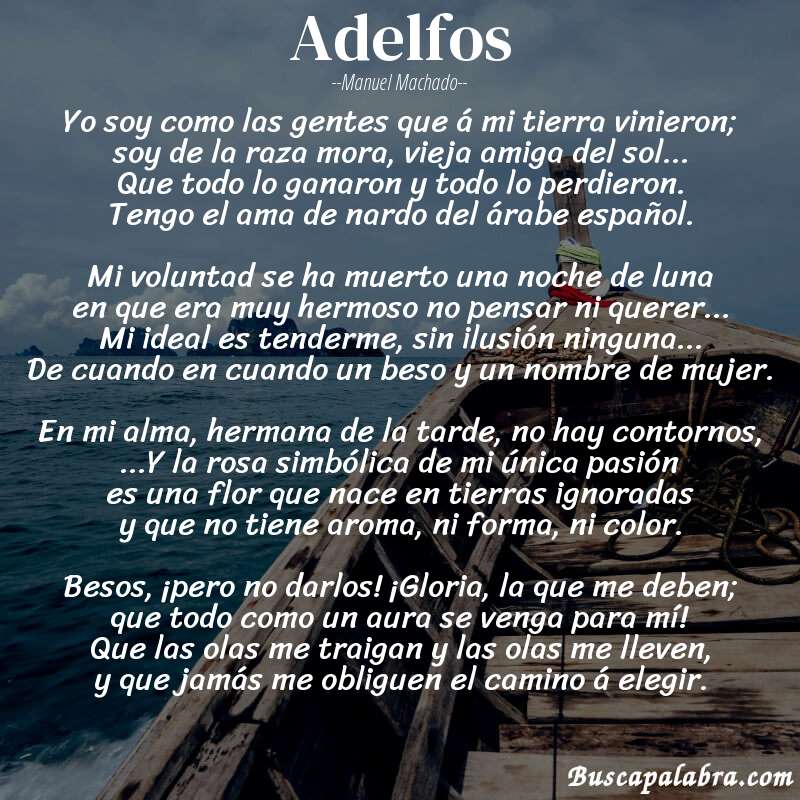 Poema Adelfos de Manuel Machado con fondo de barca