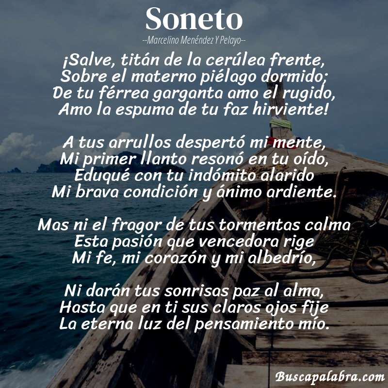 Poema Soneto de Marcelino Menéndez y Pelayo con fondo de barca