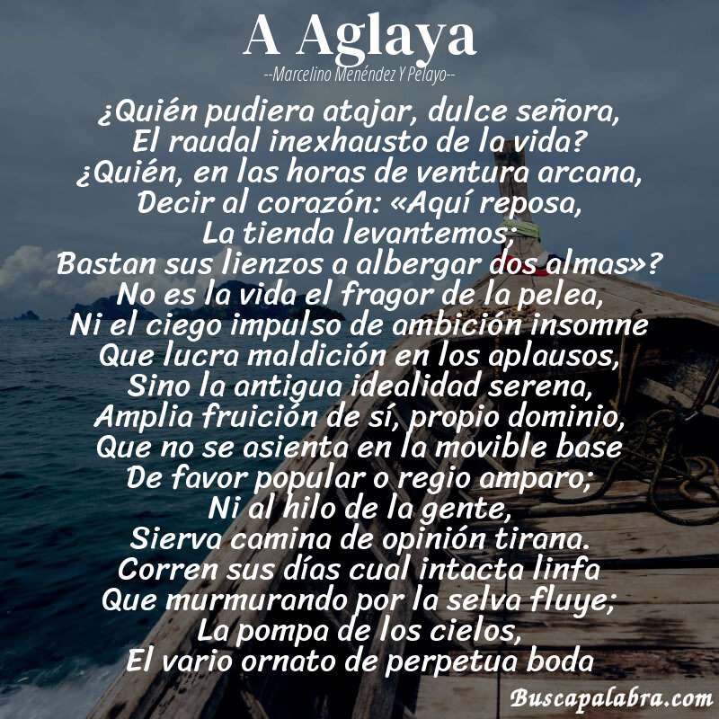 Poema A Aglaya de Marcelino Menéndez y Pelayo con fondo de barca