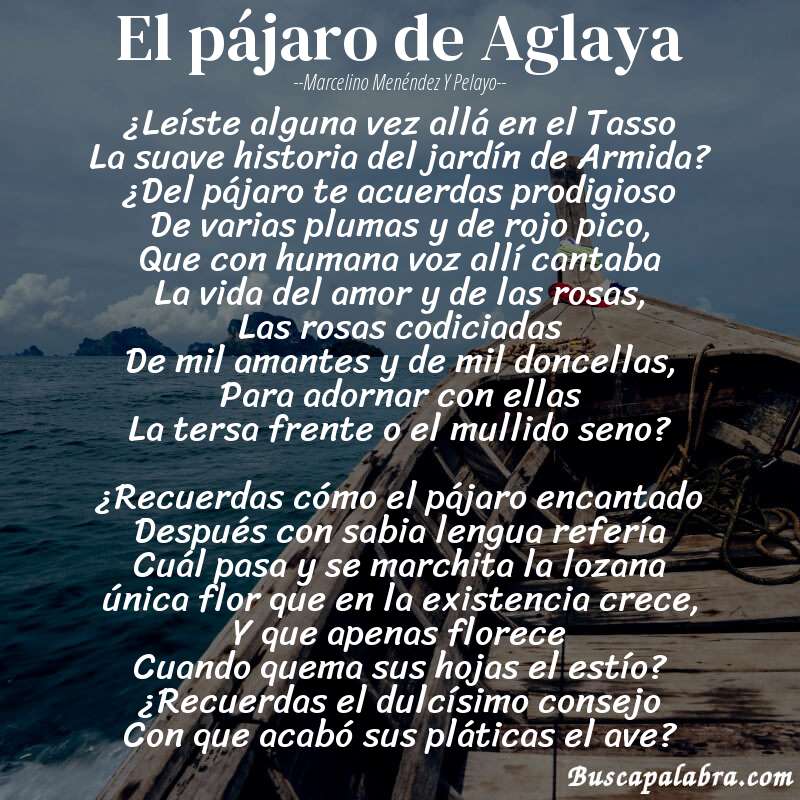 Poema El pájaro de Aglaya de Marcelino Menéndez y Pelayo con fondo de barca
