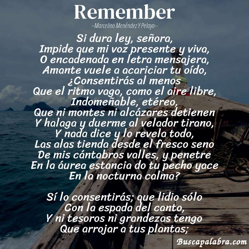 Poema Remember de Marcelino Menéndez y Pelayo con fondo de barca