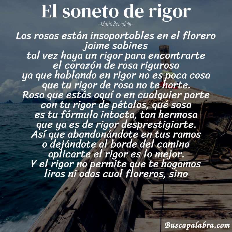 Poema el soneto de rigor de Mario Benedetti con fondo de barca
